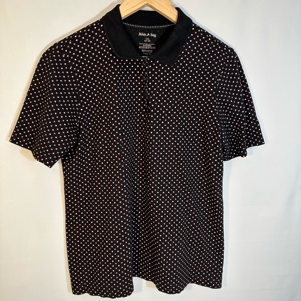 White Stag Black Cotton Blend Polkadot Polo Collared Short Sleeve T Shirt L/G